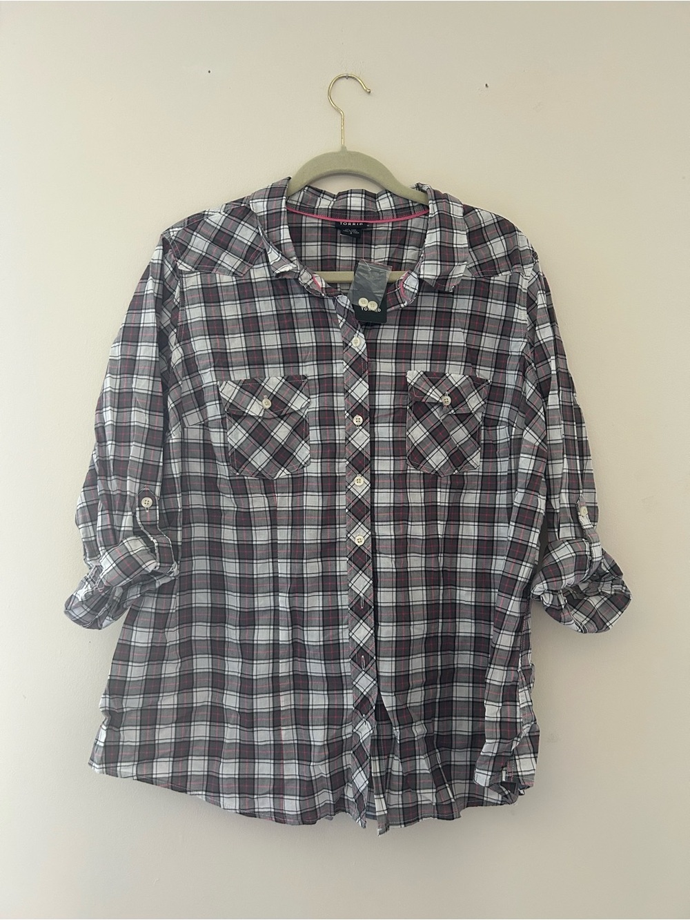 New Torrid 2 Plaid Button Down Plus Size Shirt Pink Gray 2X Roll Tab sleeve